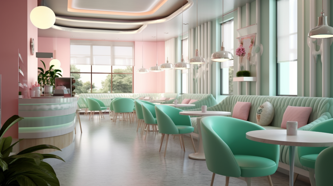 Diseño interior de una heladería moderna y elegante con colores vibrantes y mobiliario contemporáneo, que refleja la experiencia de Baluna en la creación de espacios acogedores y optimizados operativamente para heladerías.