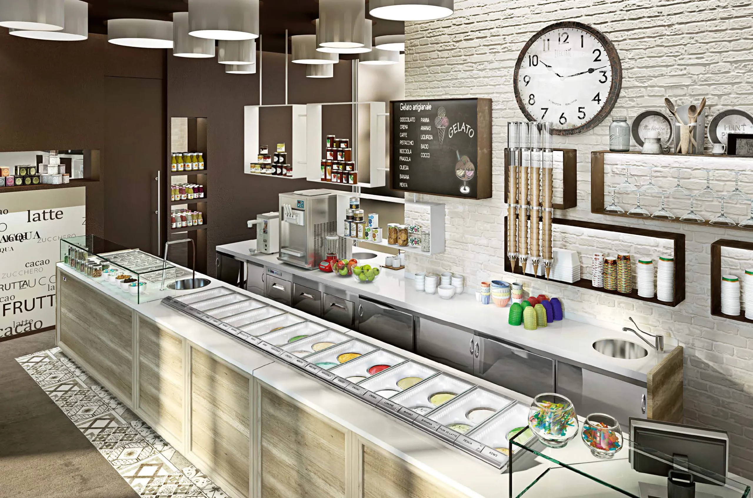 Interior design of a modern and stylish ice cream parlor with vibrant colors and contemporary furnishings, reflecting Baluna's expertise in creating inviting and operationally optimized spaces for ice cream shops.