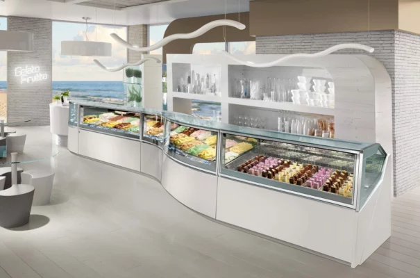 Interior design of a modern and stylish ice cream parlor with vibrant colors and contemporary furnishings, reflecting Baluna's expertise in creating inviting and operationally optimized spaces for ice cream shops.